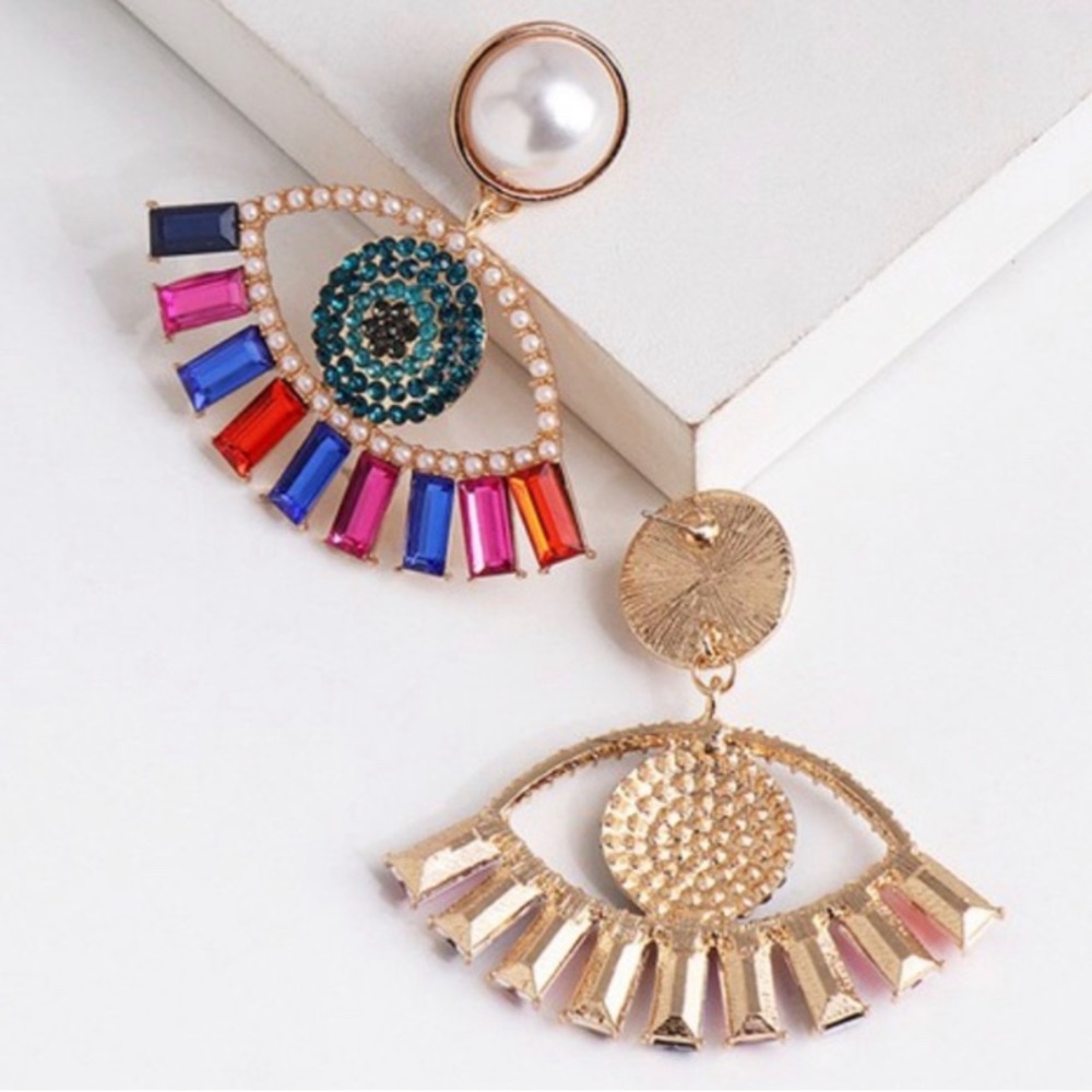 Rhinestone Evil's eye earrings in White and gold - Picture 3 of 5